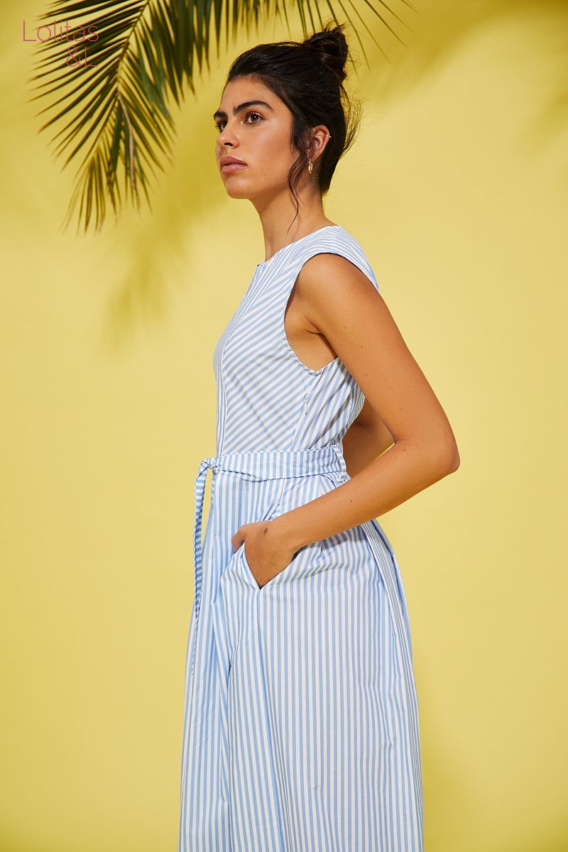 Blue & White Stripe Dress With Floral Trim - Ms.Meri Mak