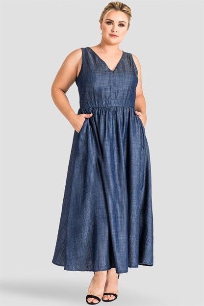 Adan V-Neck A-Line Tencel Denim Maxi Dress - Ms.Meri Mak