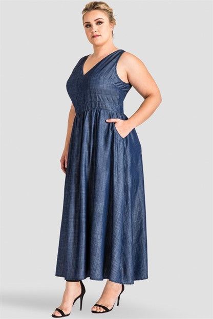 Adan V-Neck A-Line Tencel Denim Maxi Dress - Ms.Meri Mak