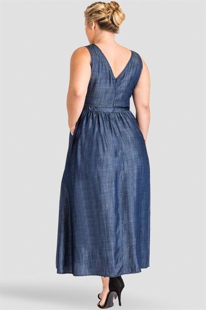 Adan V-Neck A-Line Tencel Denim Maxi Dress - Ms.Meri Mak