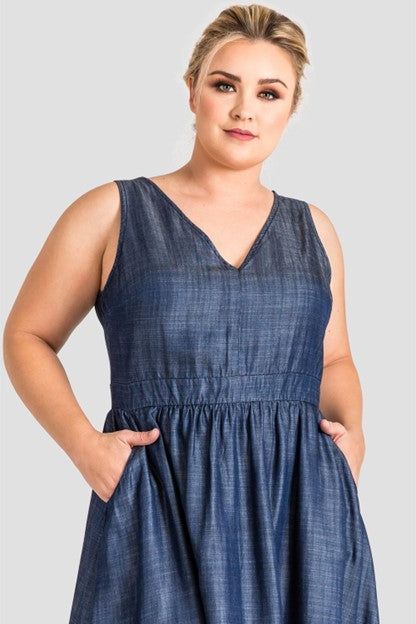 Adan V-Neck A-Line Tencel Denim Maxi Dress - Ms.Meri Mak