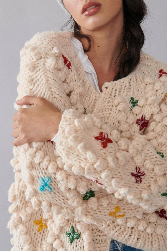 Lamon Floral Pom-Pom Knit Cardigan - Ms.Meri Mak