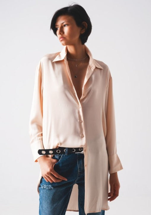 Relaxed-Fit Soft Satin Button Up Shirt - Ms.Meri Mak