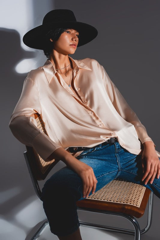 Relaxed-Fit Soft Satin Button Up Shirt - Ms.Meri Mak
