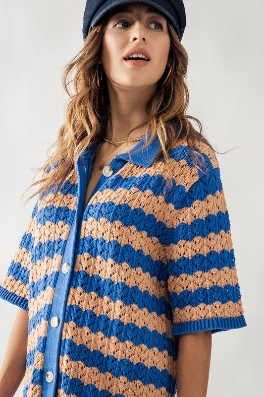 Ariana Wave Striped Crochet Knit Button Front Mini Dress - Ms.Meri Mak