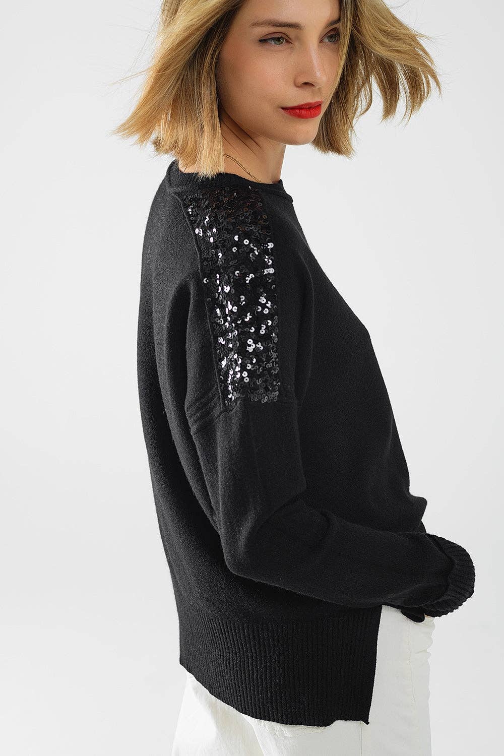 Black Sequin Shoulder Sweater