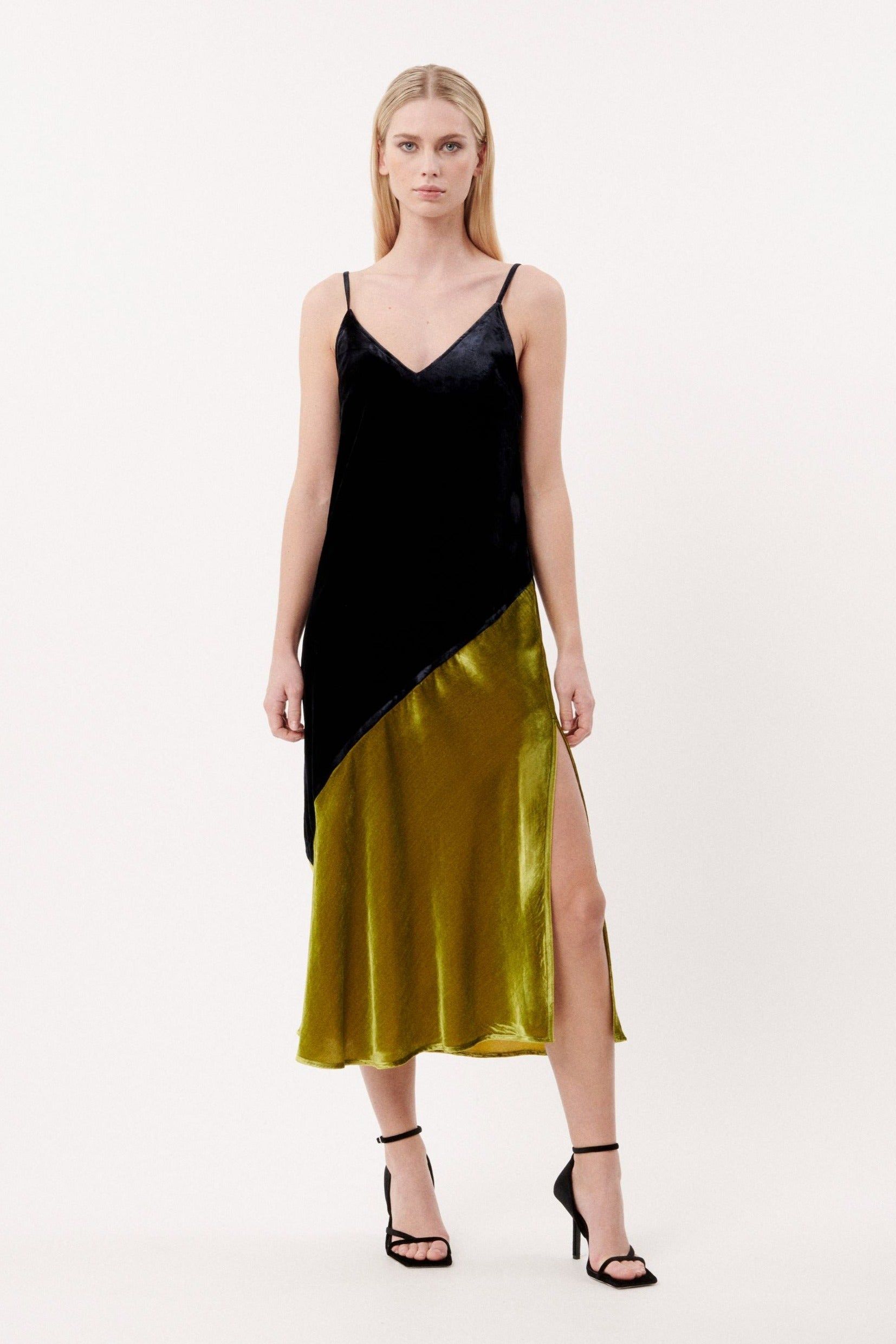 Engy Colour Block Velvet Slip Dress - Ms.Meri Mak