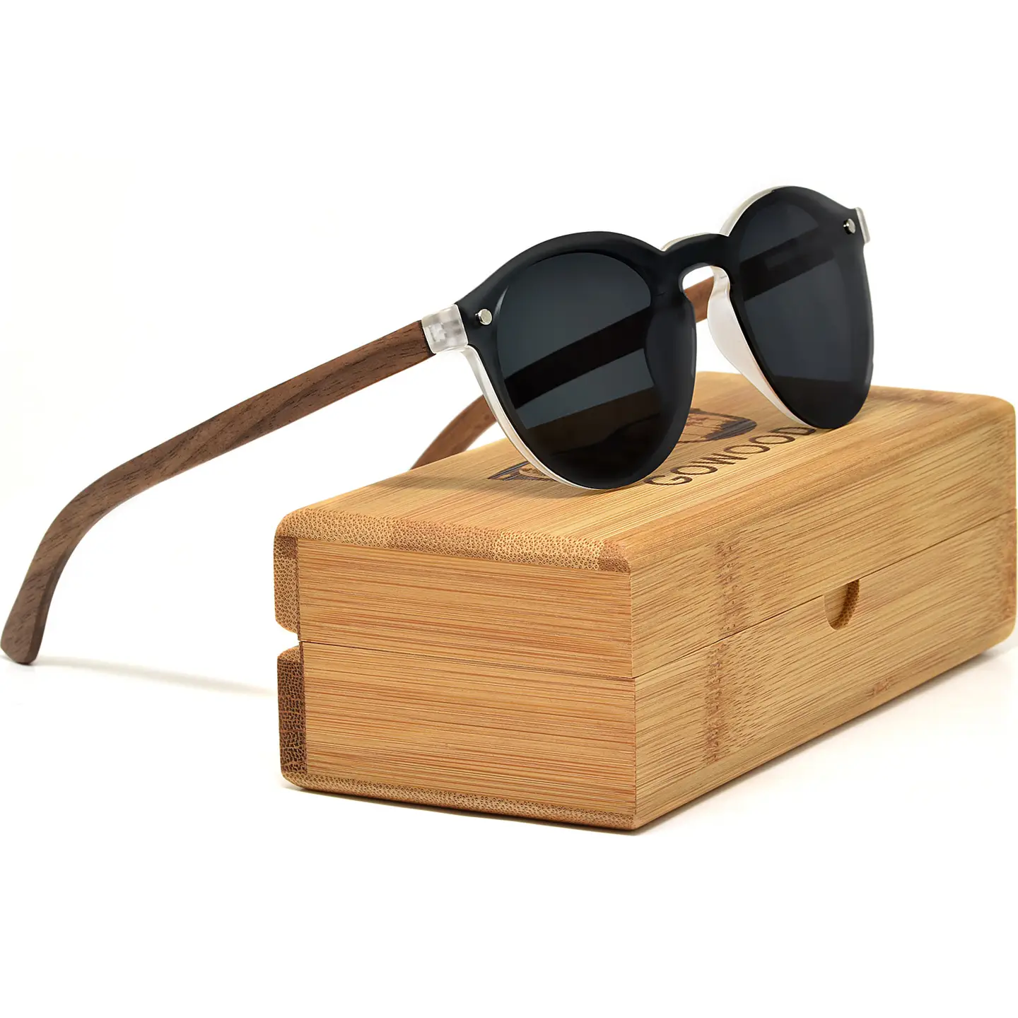 Lunettes de soleil rondes en bois de noyer avec verres polarisés noirs