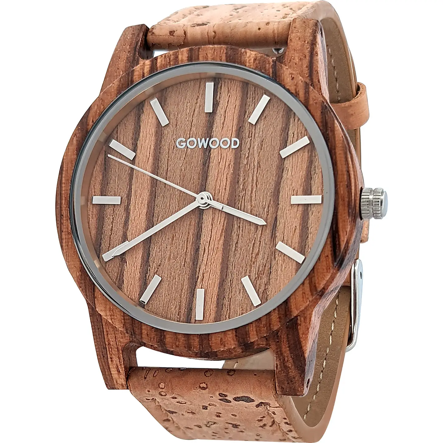 Zebra Wood Watch with Real Cork Wristband