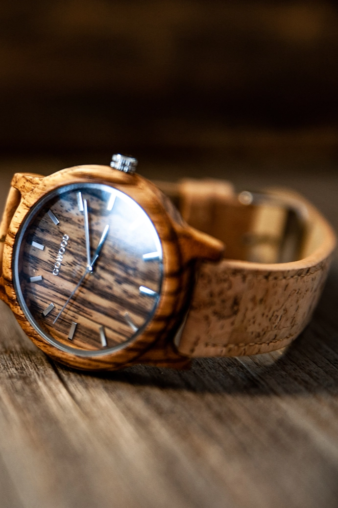 Zebra Wood Watch with Real Cork Wristband