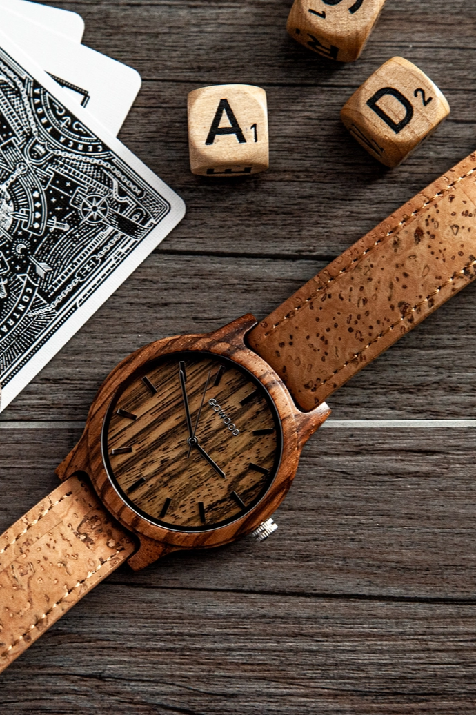 Zebra Wood Watch with Real Cork Wristband