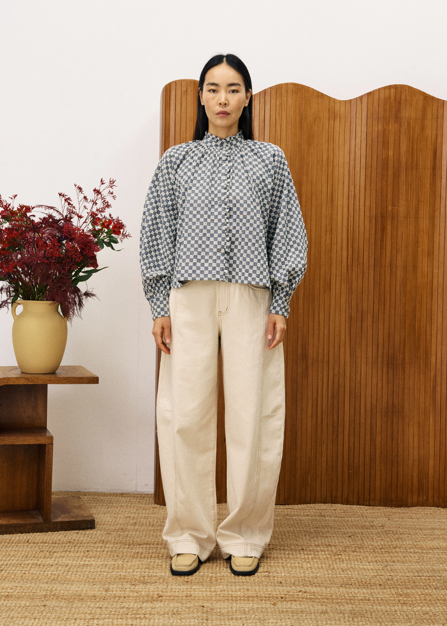 Chemise boutonnée Zinnia fluide à carreaux fleuris