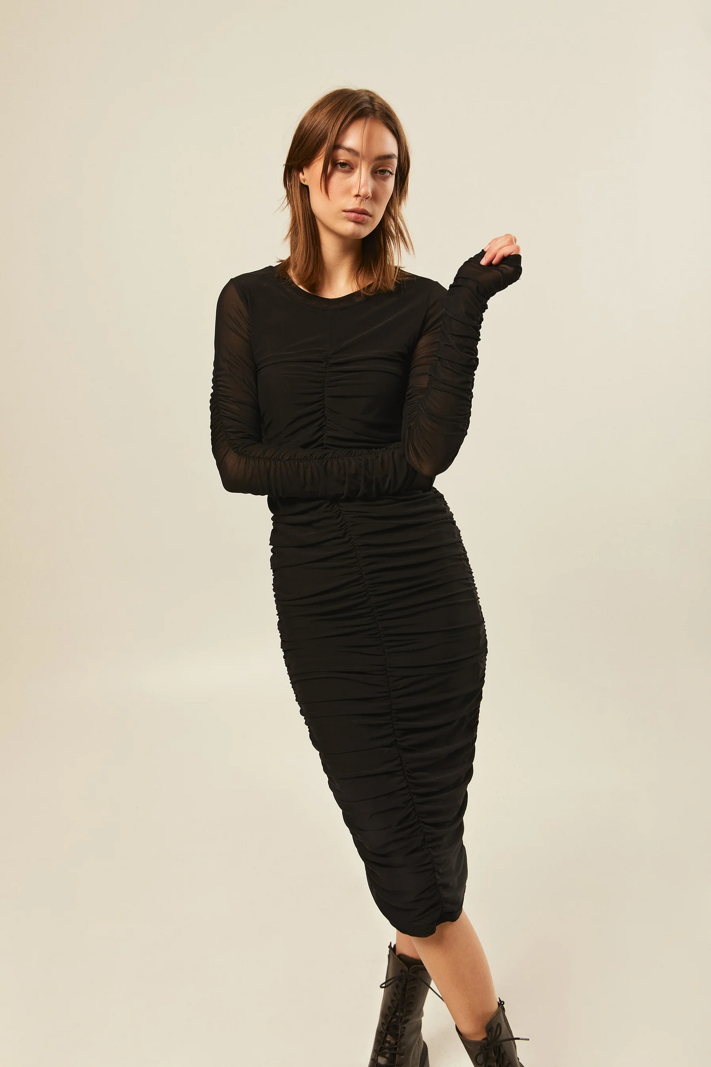 Hilary Macmillan Ruched Sleeved Mesh Dress