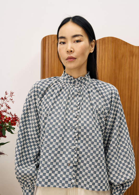 Zinnia Drapey Button-Up Shirt In Floral Check