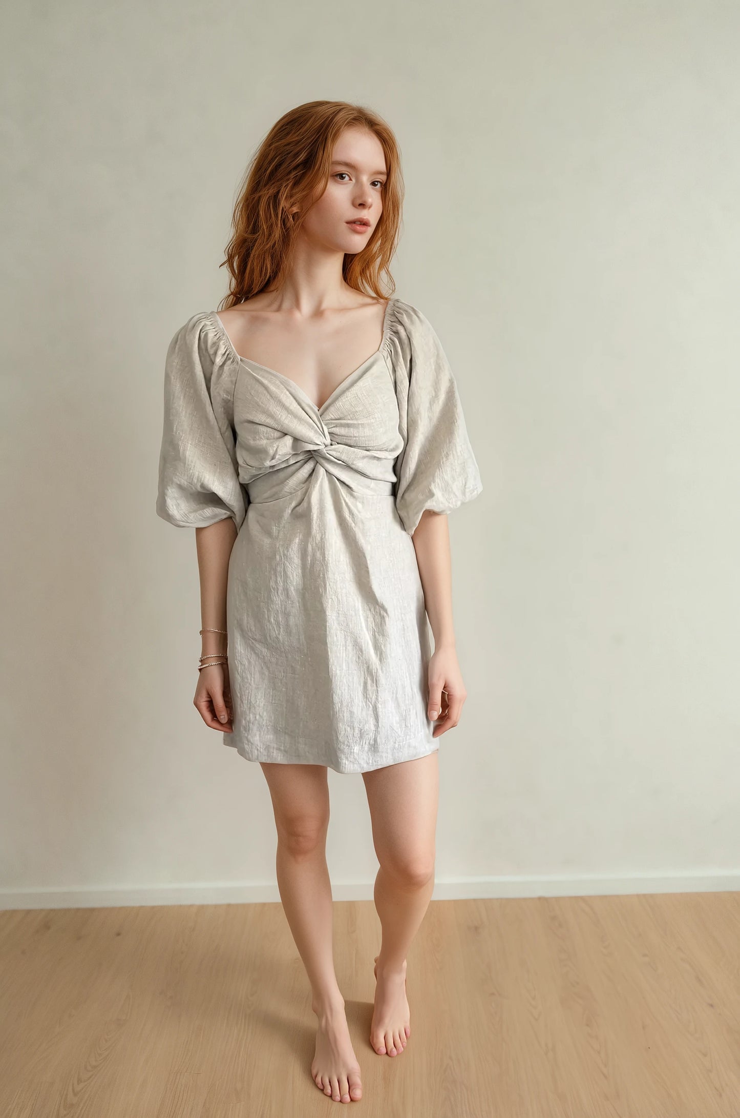 Noelle Linen Bubble Sleeve Dress in Oat