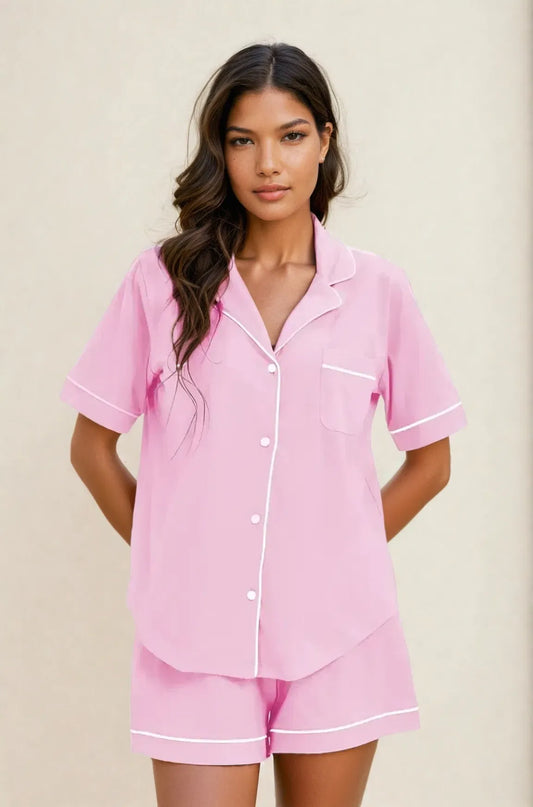 Ensemble de pyjama court en coton rose et blanc