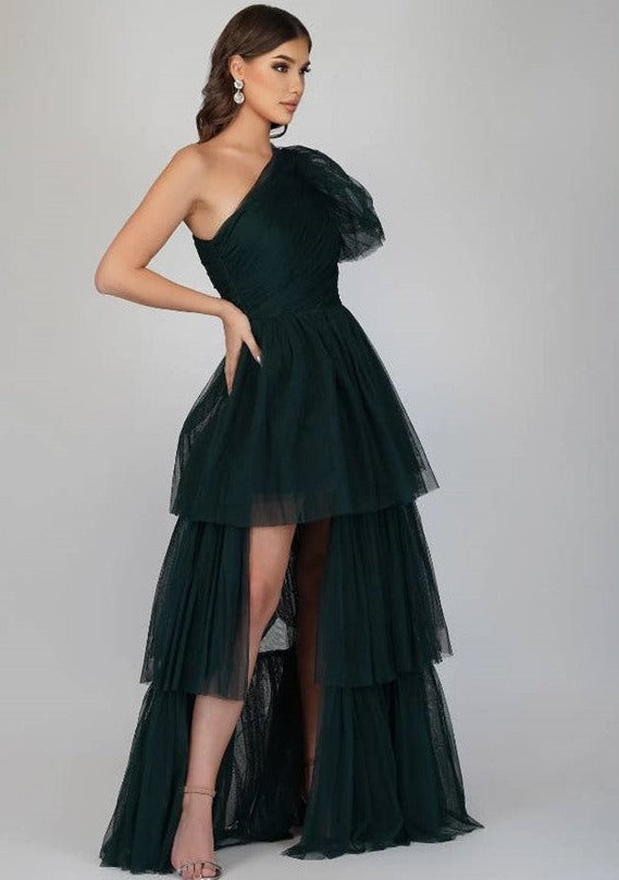 Ruched One-Shoulder Dress in Emerald Green Tulle - Ms.Meri Mak