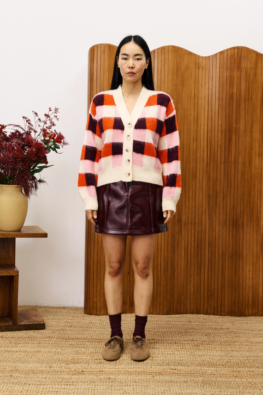 Woman wearing a colorful checkered cardigan and leather skirt standing in a room with wooden paneling and a vase of flowers.