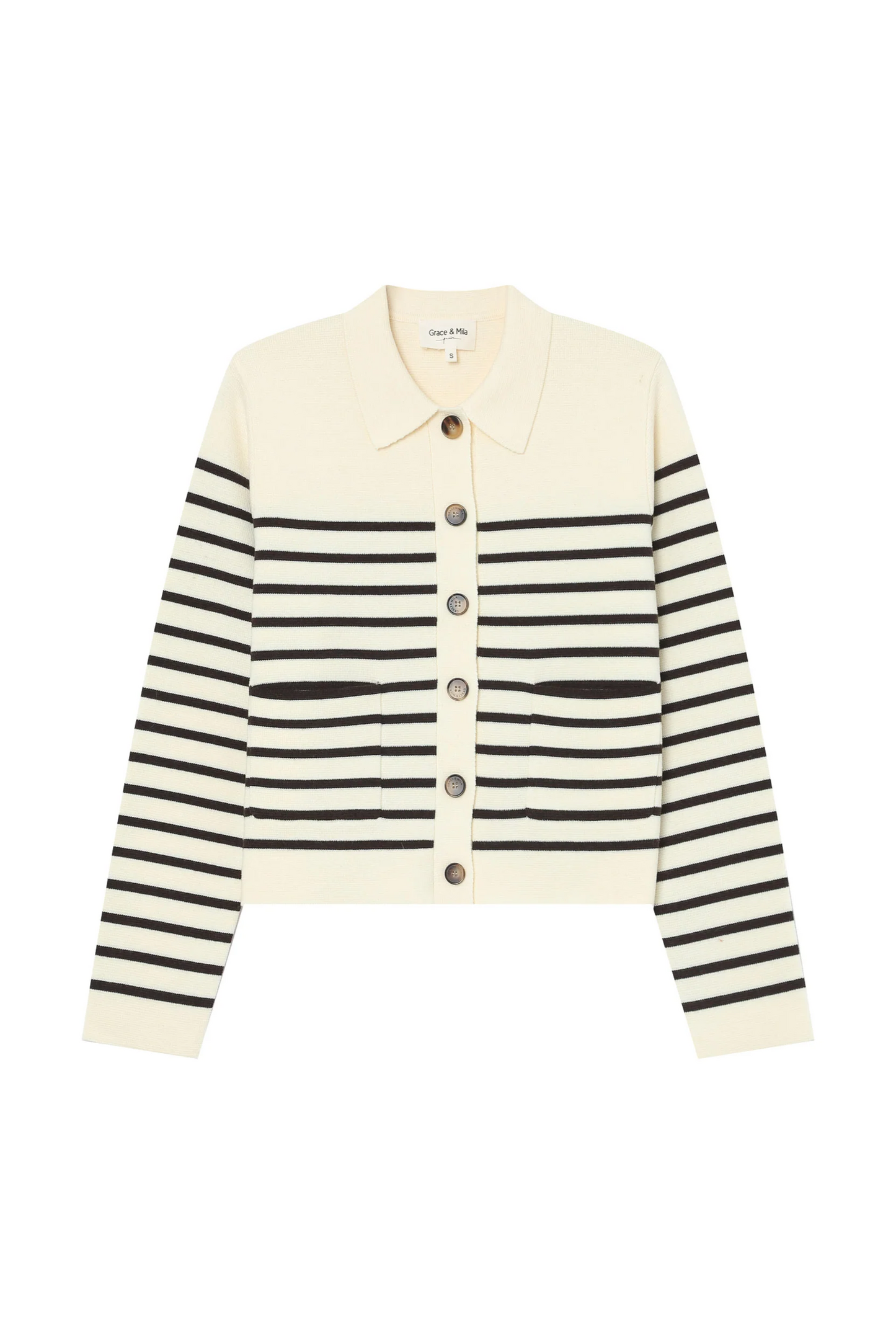 Striped cardigan with black and white stripes on a white background
