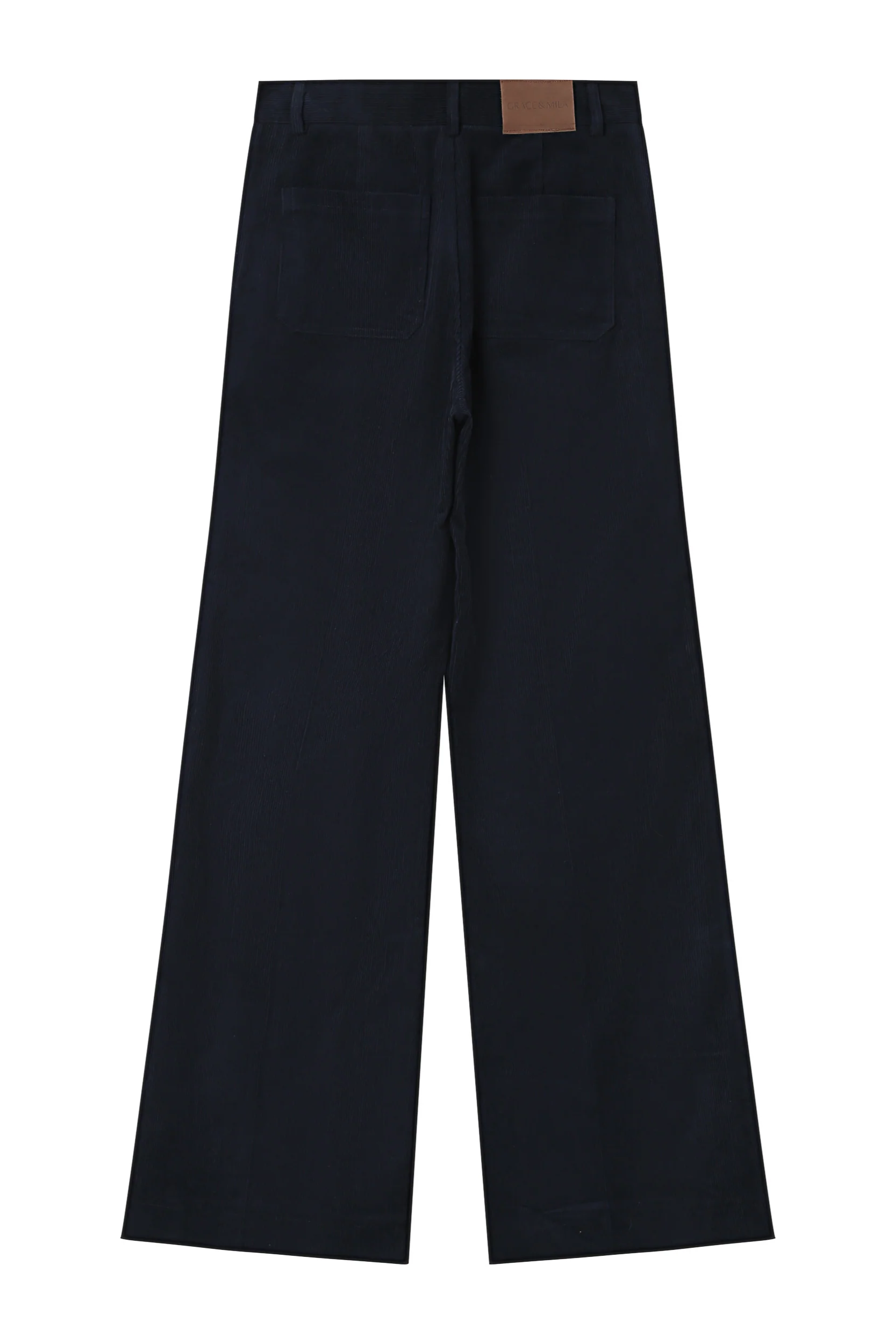 Black pants with a brown patch on a white background