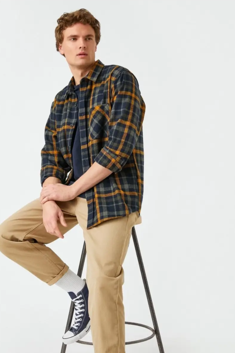 Koton Plaid Heavy Flannel Shirt in Navy