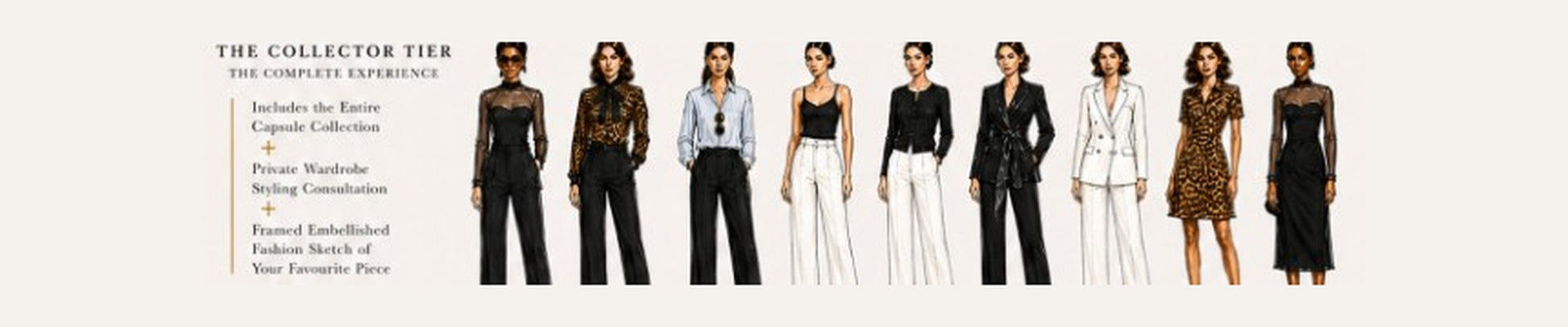 Row of women wearing various outfits on a white background