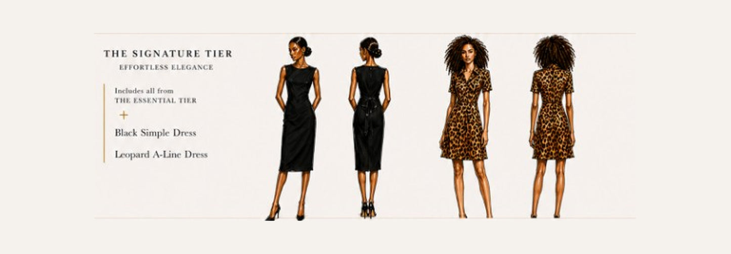 Three women modeling dresses with text on a white background