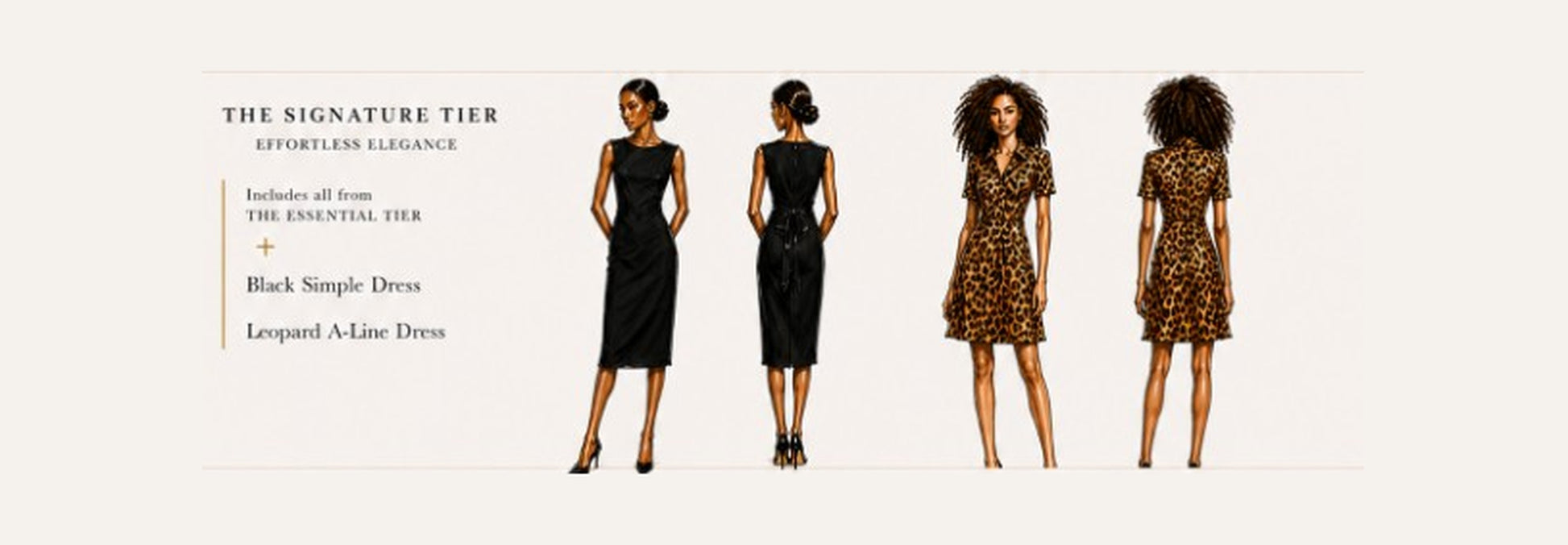 Three women modeling dresses with text on a white background