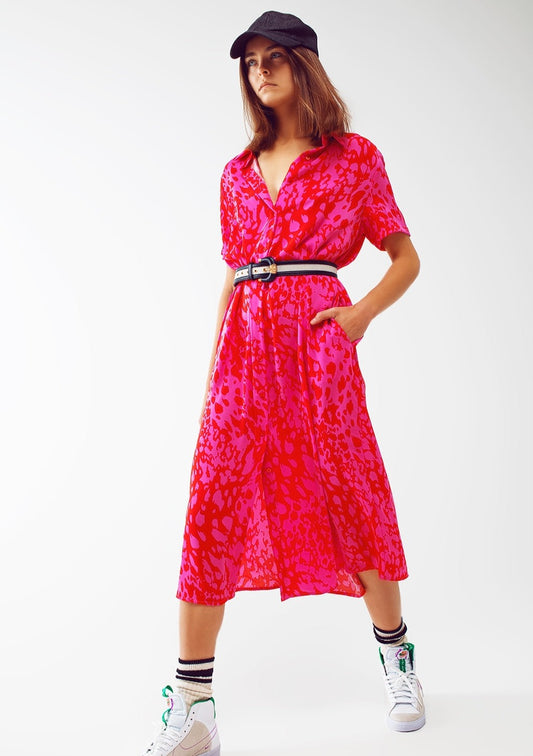 Abstract Print Buttoned Dress In Fuchsia