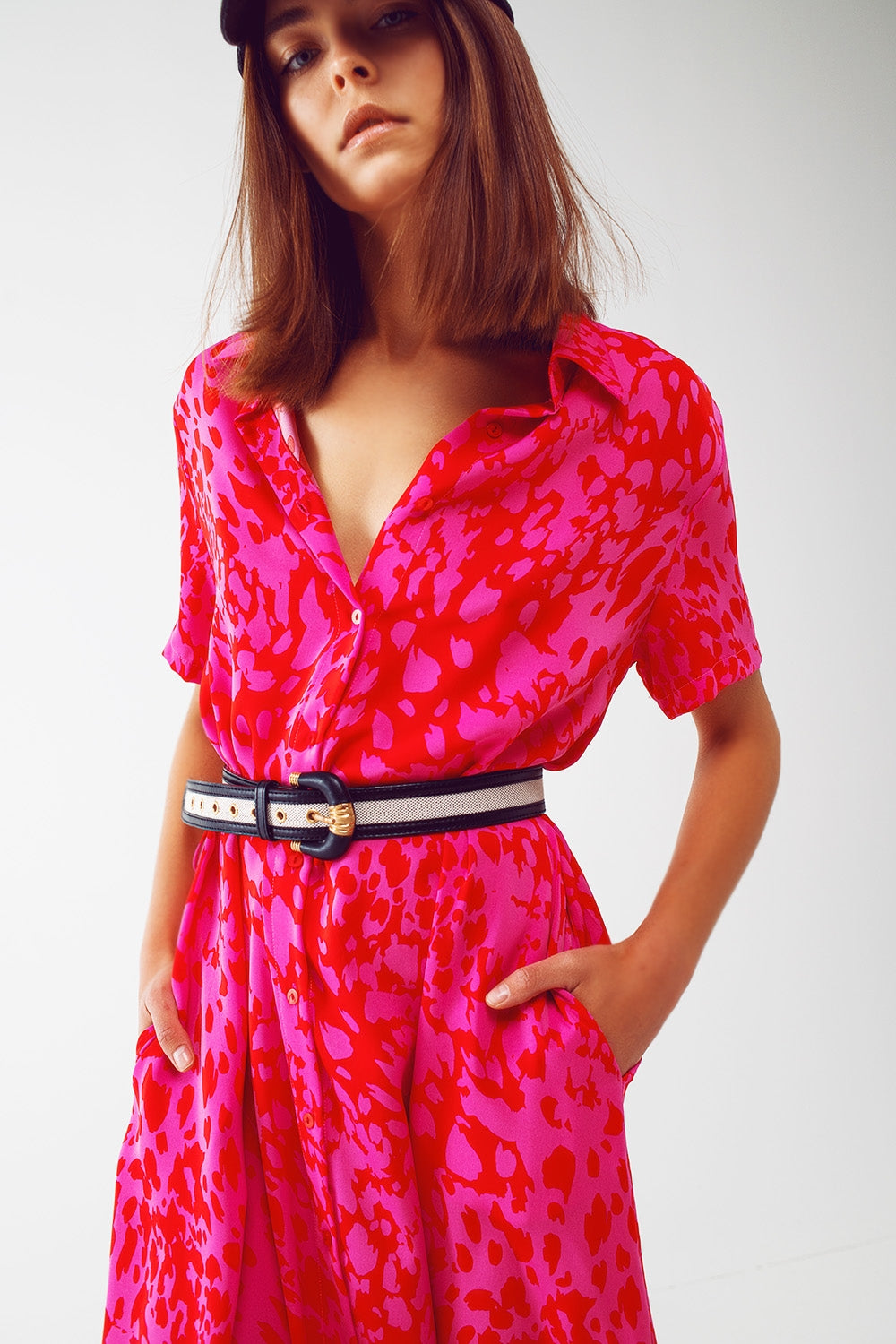Abstract Print Buttoned Dress In Fuchsia