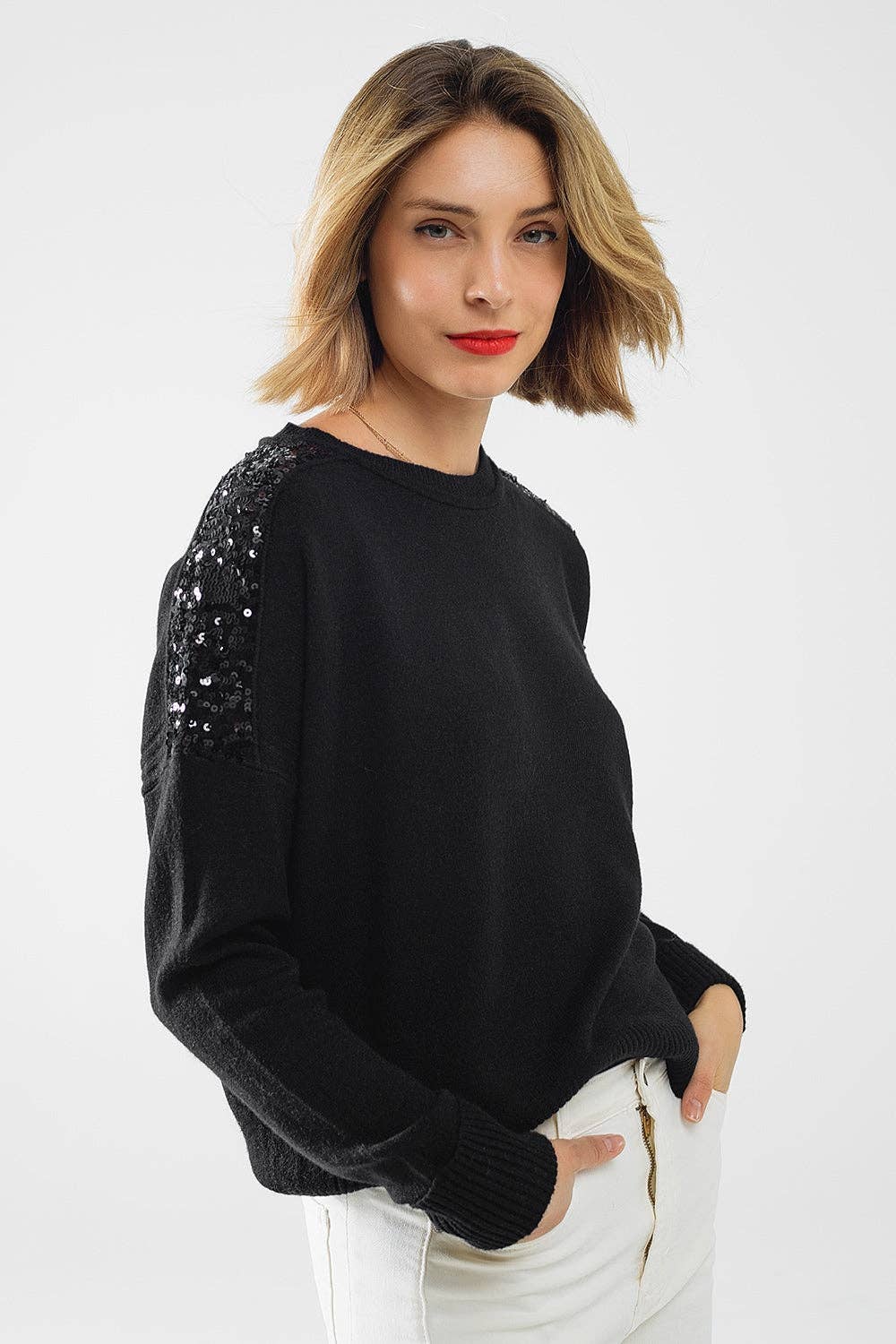 Black Sequin Shoulder Sweater