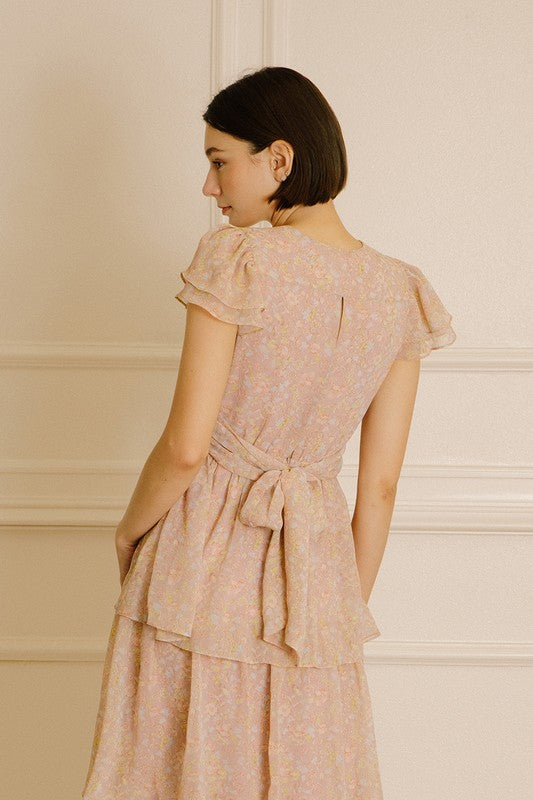 Cap Sleeve Floral Midi Ruffle Dress - Ms.Meri Mak