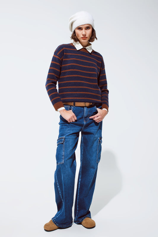 Crew Neck Navy & Brown Striped Sweater