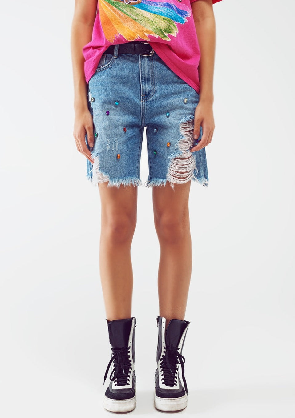 Sade Distressed Embellished Bermuda Shorts