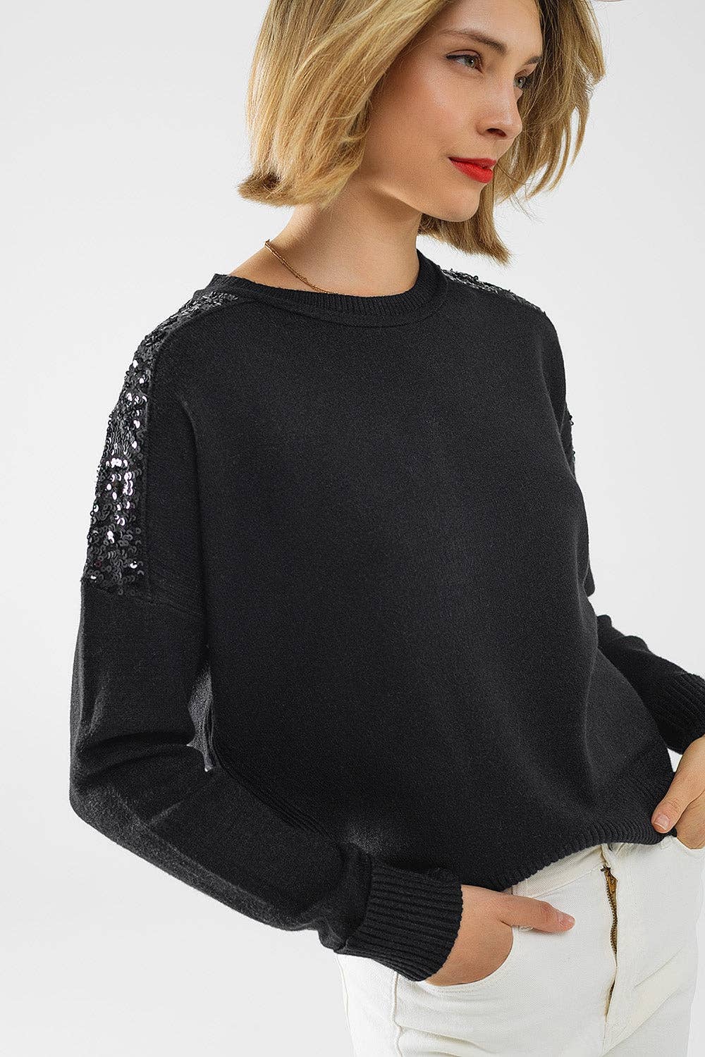 Black Sequin Shoulder Sweater