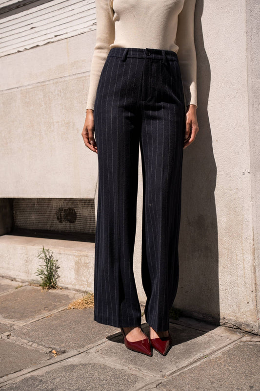Pinstripe wool-blend trousers