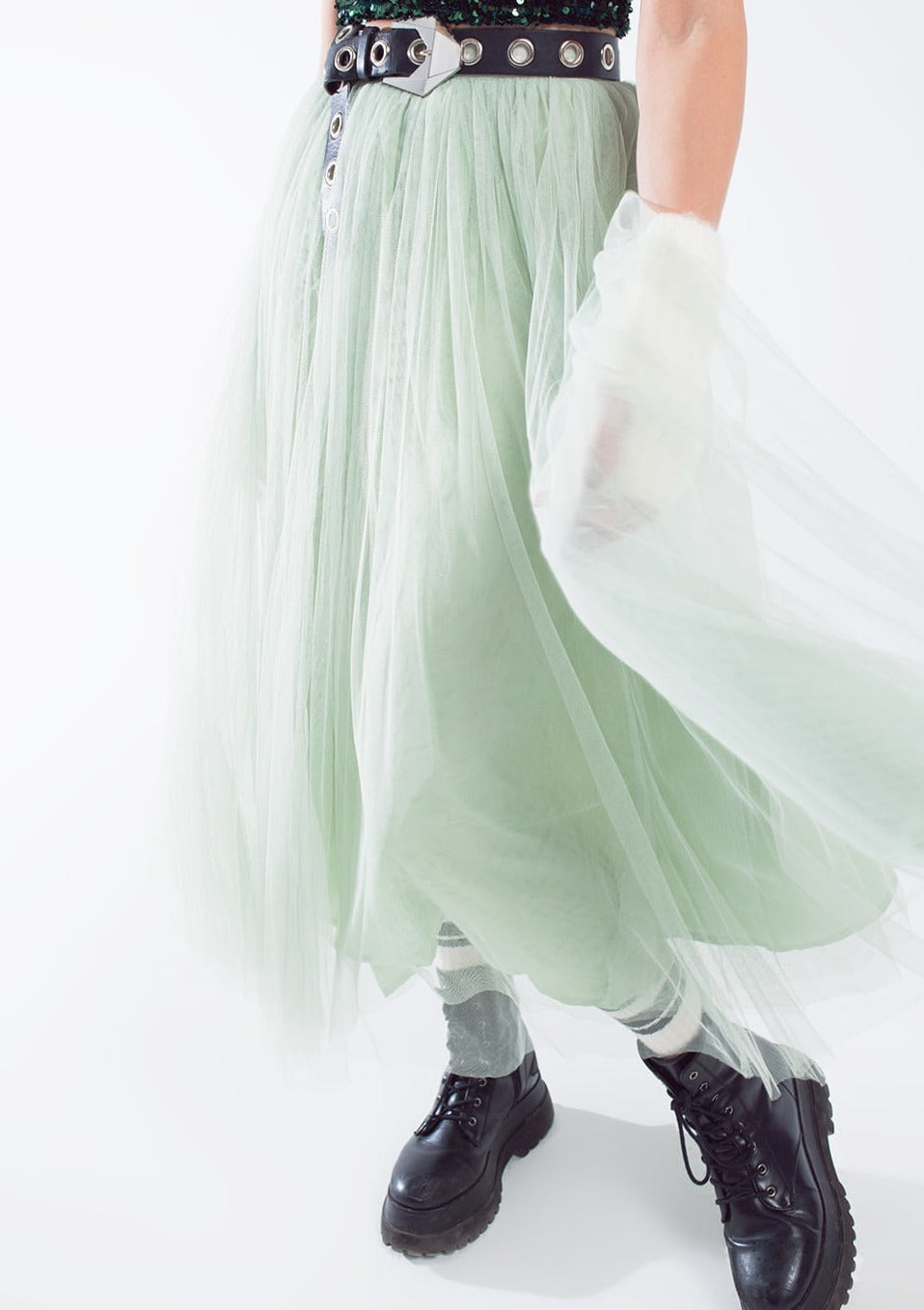 Elana Sage Green Tulle Midi Skirt
