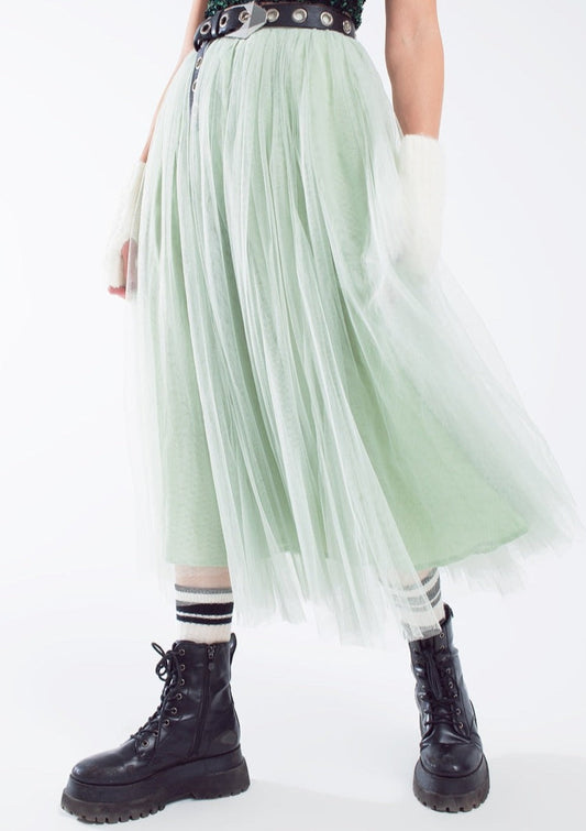 Elana Sage Green Tulle Midi Skirt