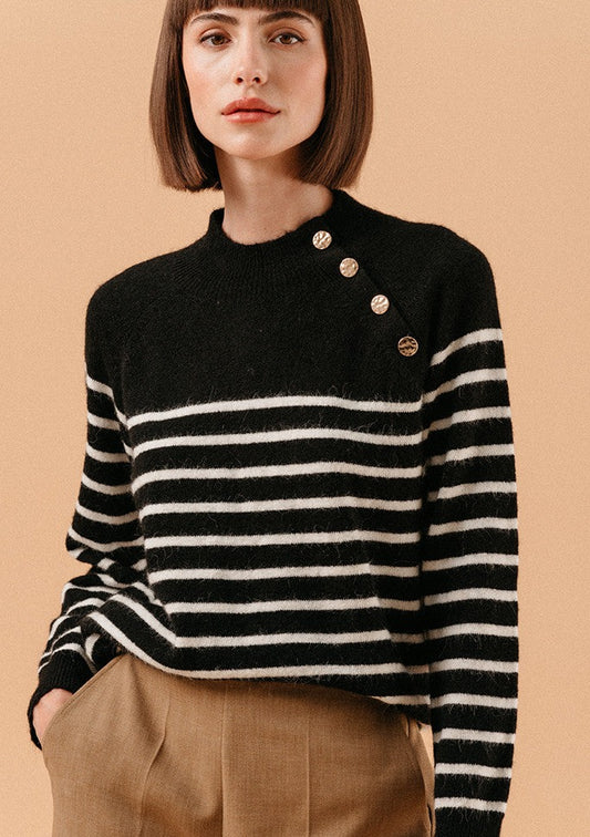 Louisette Striped Sweater with Button Shoulder - Ms.Meri Mak