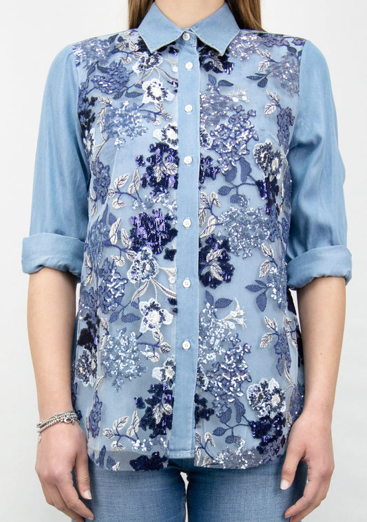 Chambray Floral Sequins Shirt - Ms.Meri Mak