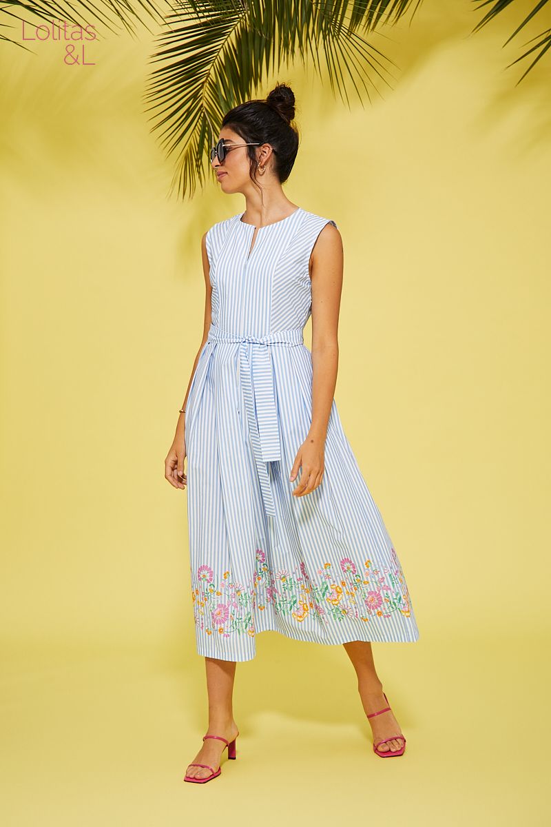 Blue & White Stripe Dress With Floral Trim - Ms.Meri Mak