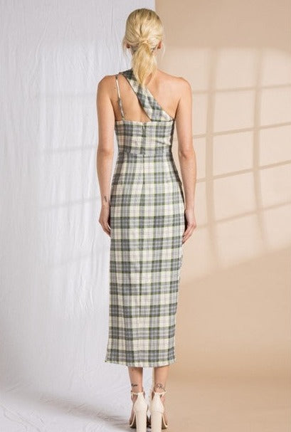Adara Plaid Overlap Asymmetrical Midi Dress - Ms.Meri Mak