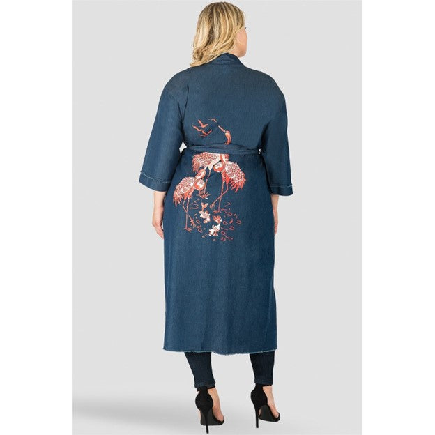 Sancha Denim Bird Print Kimono Duster Jacket - Ms.Meri Mak
