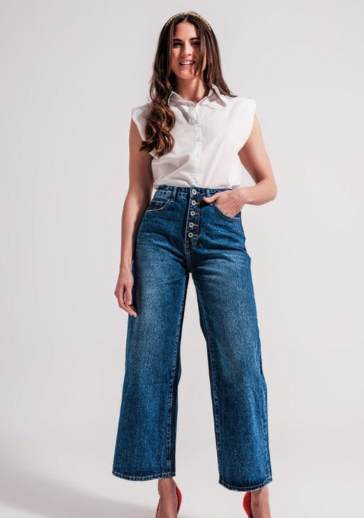 Palas cropped wide leg denim jeans with exposed buttons - Ms.Meri Mak