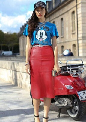 Elie Faux-Leather Midi Pencil Skirt in Lipstick Red - Ms.Meri Mak